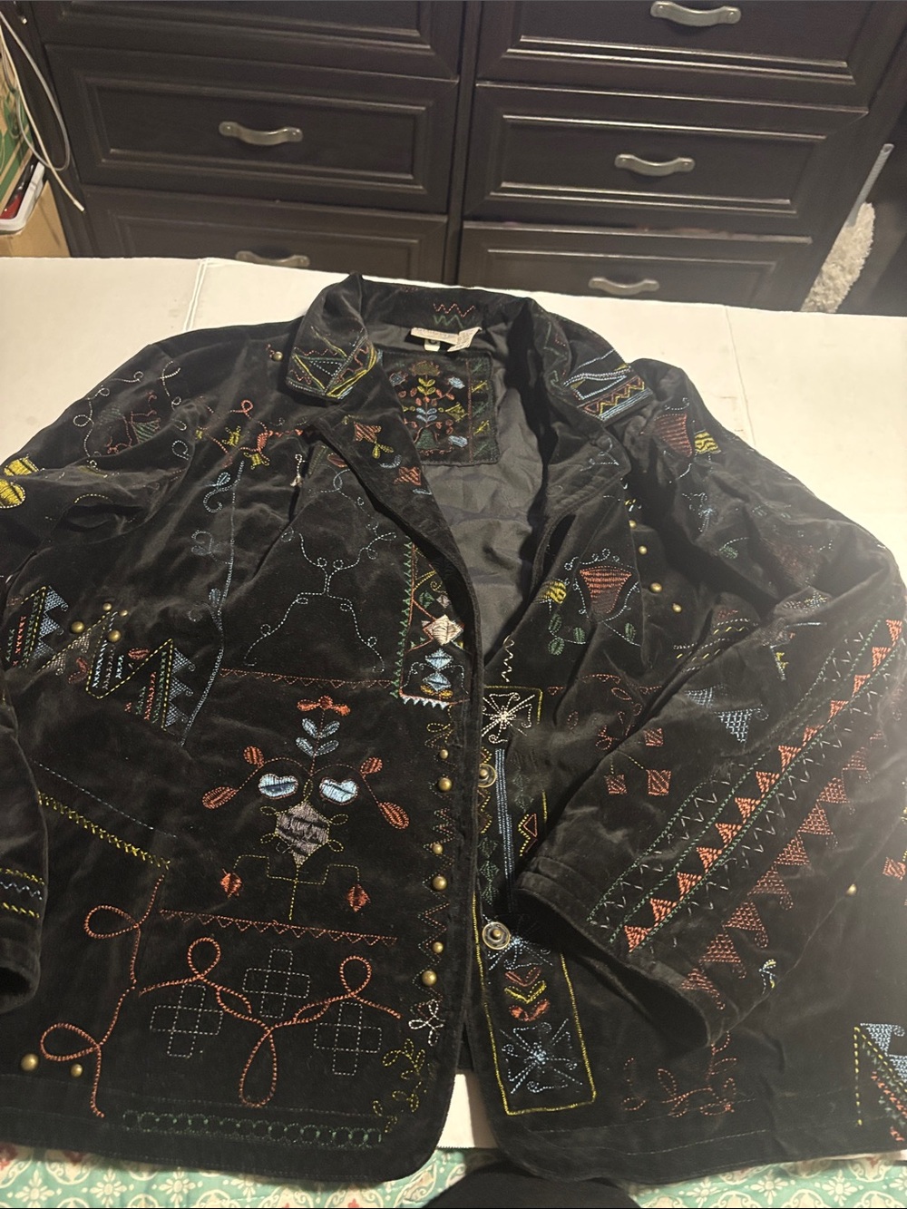 Chicos size 3 Black Embroidered Velvet Blazer with Multicolor Folk Stitching